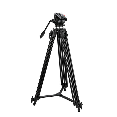 Full view black video tripod with adjustable legs and pan-and-tilt head.