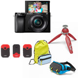 Set cameră Sony A6100 cu obiectiv 16-50mm, trepied roșu, geantă și microfoane Joby