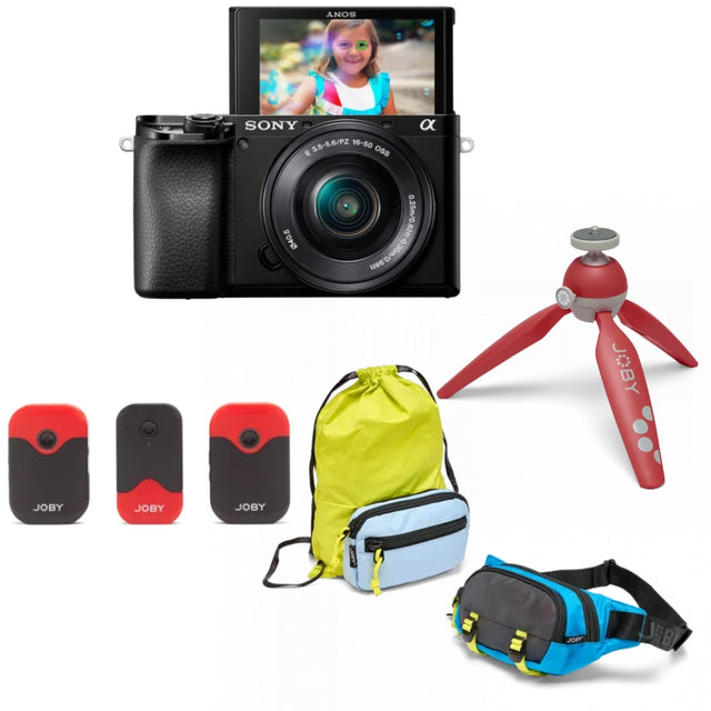 Set cameră Sony A6100 cu obiectiv 16-50mm, trepied roșu, geantă și microfoane Joby