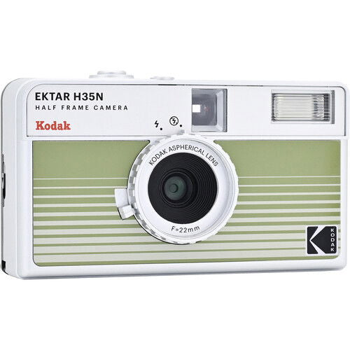 Half-frame film camera front view with green striped panel, lens, and flash window
