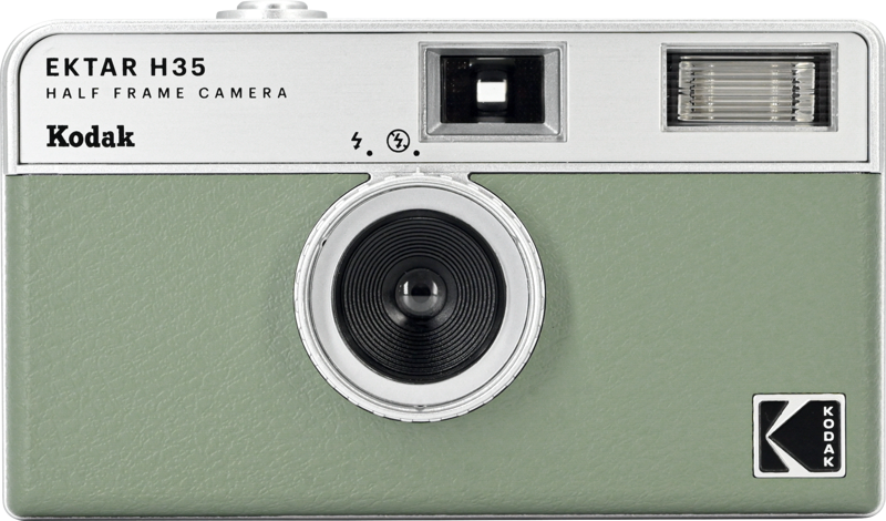 Green half-frame camera with black lens and top viewfinder and flash windows