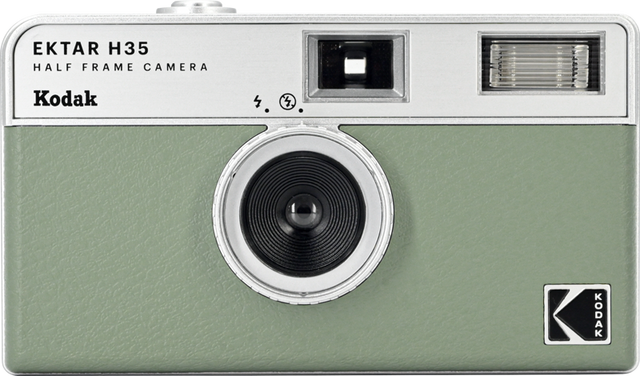 Green half-frame camera with black lens and top viewfinder and flash windows