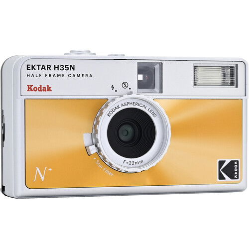 Ektar H35N half-frame camera, orange front panel with lens and viewfinder