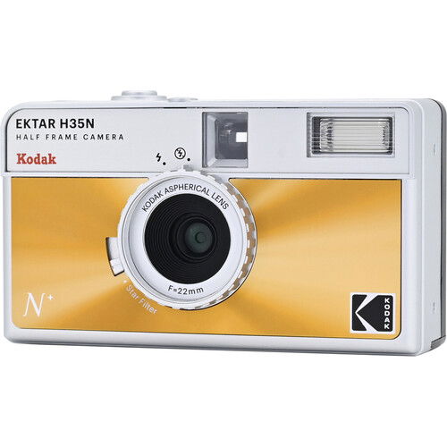 Ektar H35N half-frame camera, silver body with orange front and shutter window