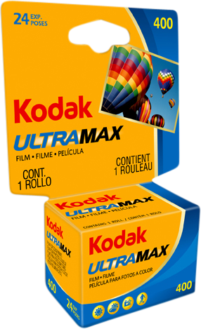 Ultramax 400 color negative film, 24 exp roll, boxed packaging