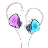 Blue and purple in-ear earbuds with clear cable, metal ring housings
