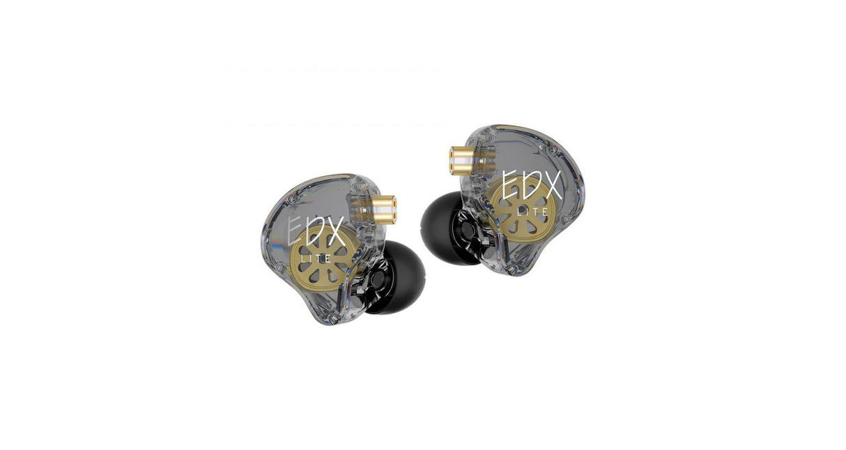 Two clear in-ear earbuds with black nozzle tips and gold EDX logo detailing