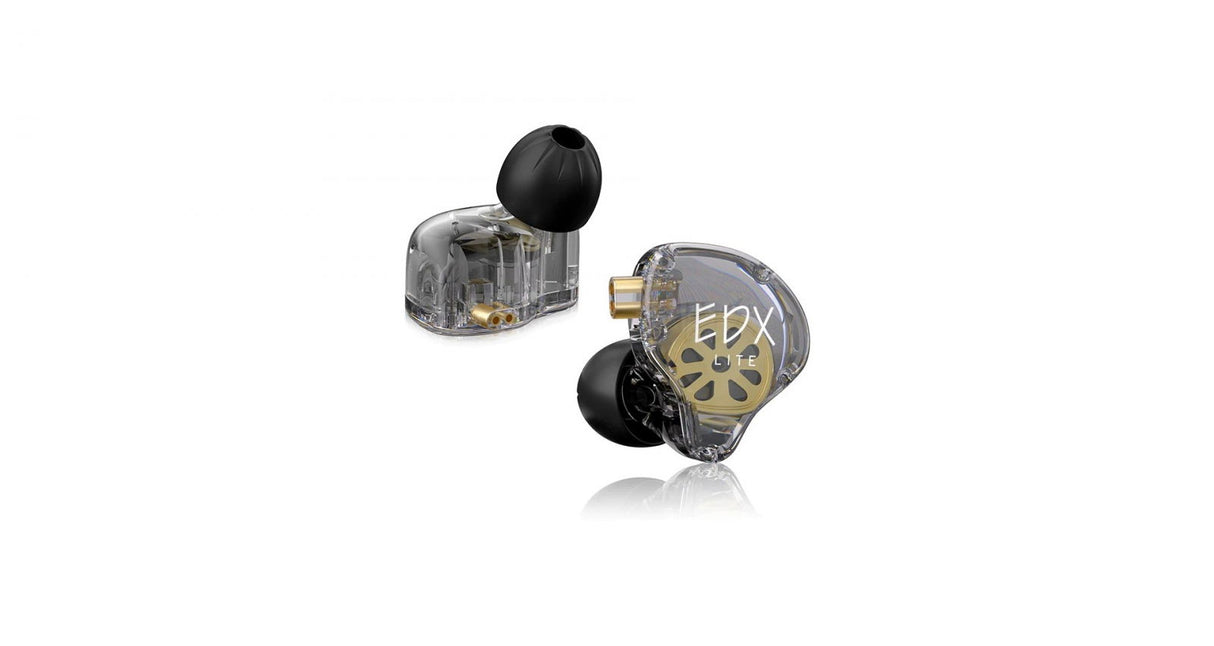Clear in-ear earbuds with black silicone tips and gold-accent driver housing