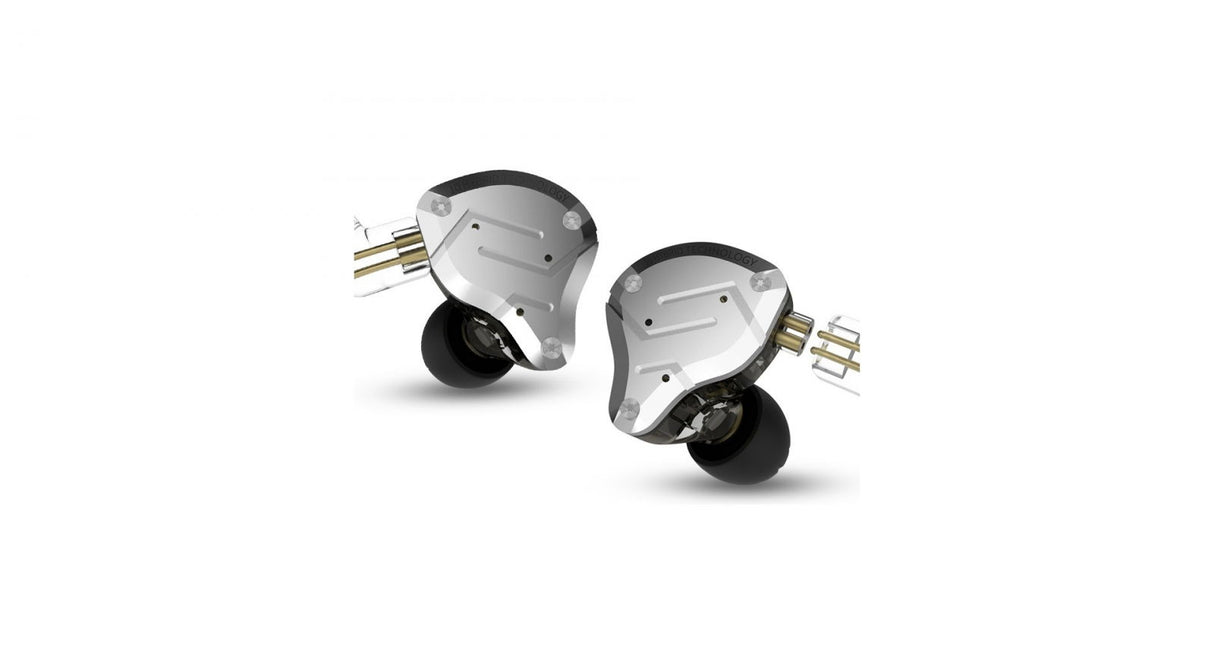 Silver-and-black in-ear headphones, angled view of earbuds and gold connector pins