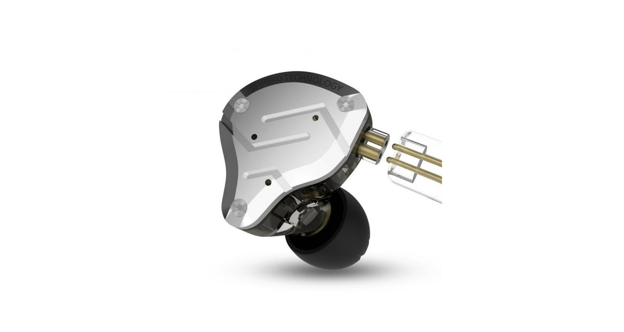 Silver-and-black in-ear earbud with black sound chamber and gold connector pins