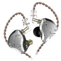 Silver-and-black in-ear headphones with braided cable, two earbud units shown
