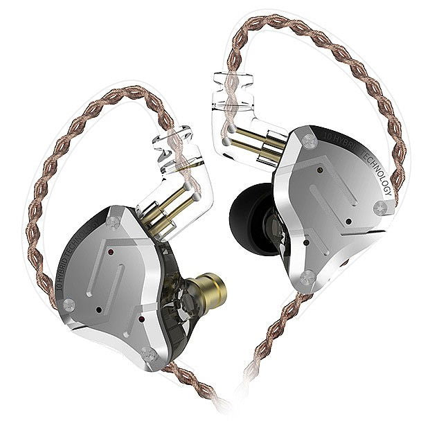 Silver-and-black in-ear headphones with braided cable, two earbud units shown
