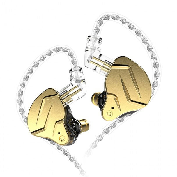 Gold in-ear monitors with braided silver cable, dual driver earbuds