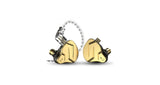 Pair of gold in-ear earbuds with clear braided cable and black connector caps