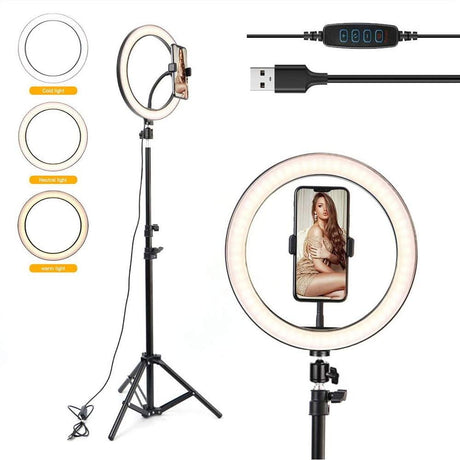 Lampa LED circulară bicoloră cu inel luminos pe stativ negru