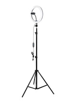 Lampa LED circulară pe stativ, inel alb și clemă pentru telefon