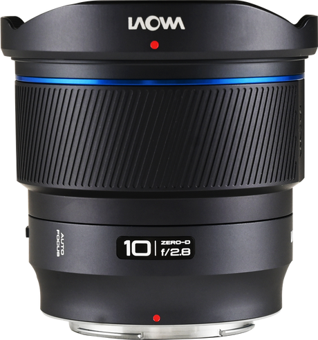 Laowa 10mm f/2.8 Zero-D lens front view with blue accent ring and markings