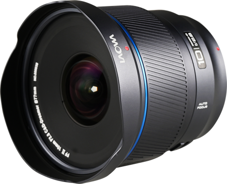 Laowa 10mm f/2.8 Zero-D lens angled view with AF label and blue accent stripe