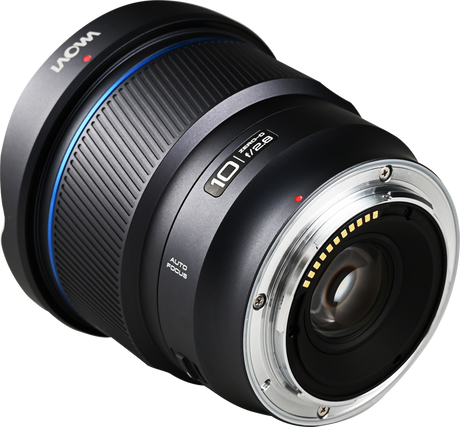 Laowa 10mm f/2.8 Zero-D lens side view showing mount contacts and “10” marking