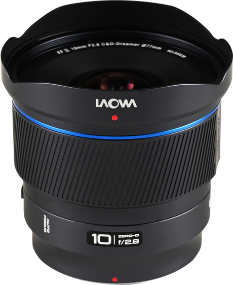 Laowa 10mm f/2.8 Zero-D lens rear view with visible mount opening and blue ring