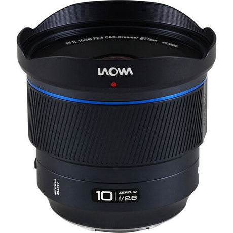 Black 10mm f/2.8 lens top view with blue ring and front element