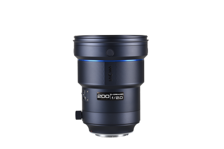 Dark blue 200mm f/2 AF full-frame lens with barrel markings, front view