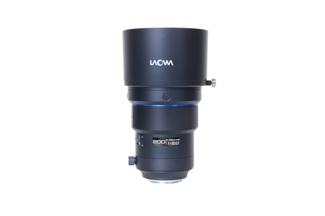 Dark blue 200mm f/2 AF lens rear side, mount area and blue accent ring visible