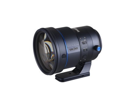 200mm f/2 AF full-frame Sony FE lens angled side view, blue ring and controls