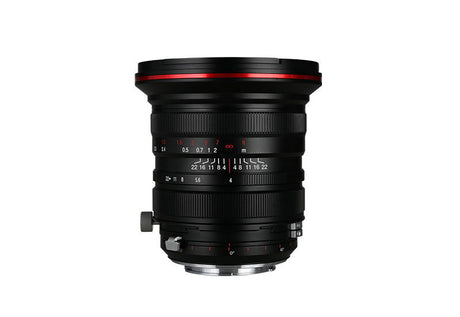20mm f/4 zero-shift lens for Sony E, black with red top stripe and engraved scales