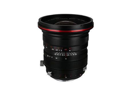 20mm f/4 zero-shift lens for Sony E, front view with glass element and red ring