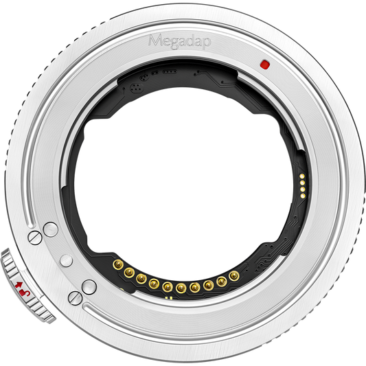 Adaptor Megadap Sony E la Nikon, inel metalic argintiu cu contacte aurii