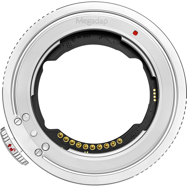 Adaptor Megadap Sony E la Nikon, inel metalic argintiu cu contacte aurii