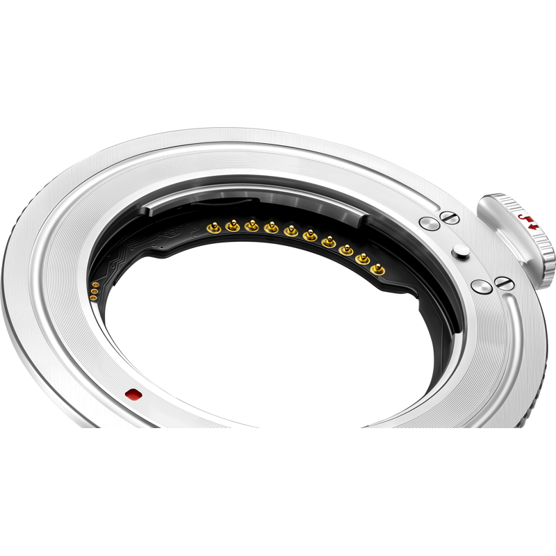 Adaptor Megadap Sony E-Nikon, inel metalic argintiu cu marcaje si conectori aurii