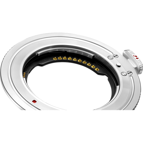 Adaptor Megadap Sony E-Nikon, inel metalic argintiu cu marcaje si conectori aurii
