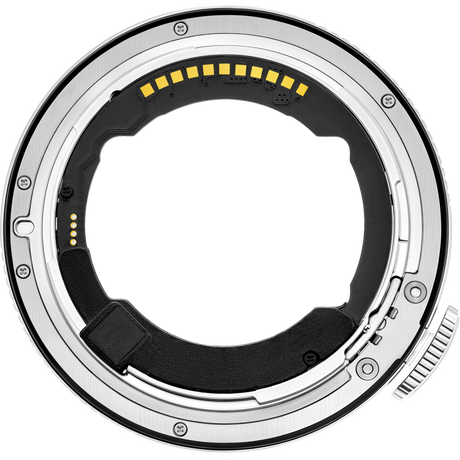 Adaptor Megadap Sony E-Nikon, inel metalic argintiu cu elemente negre si contacte galbene