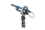 Microphone kit with blue handle, circular shock mount, and attached cables