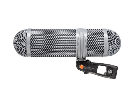Shotgun mic with metal mesh grille and shock mount handle