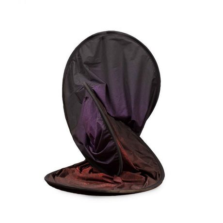 Folded portable backdrop panel, aubergine outer and crimson inner side