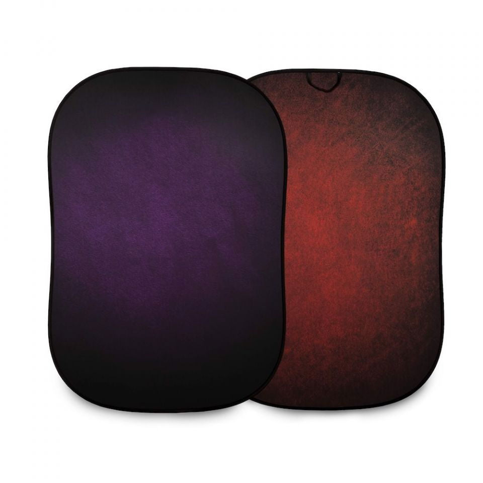 Double-sided portable backdrop panels, aubergine and crimson, curved oval