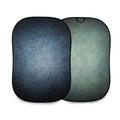 Two-sided portable photo backdrop, dark ink blue and sage green panels