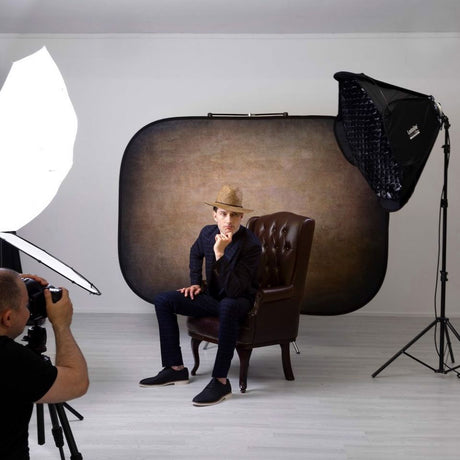 Walnut-toned portable backdrop panel used in a studio setup