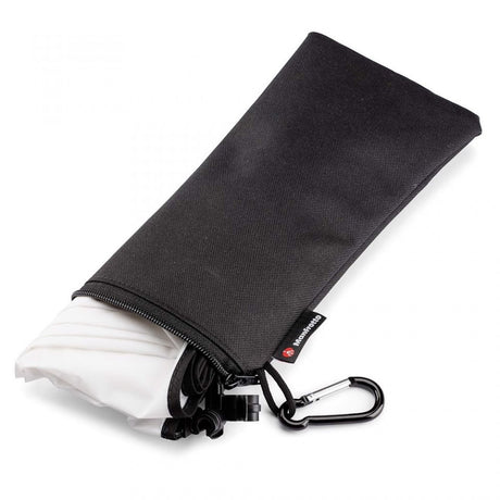 Folded dark fabric diffusion panel with black strap and Manfrotto label
