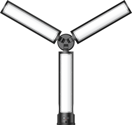 Portable tubular LED light with two angled side bars and a central vertical tube, black