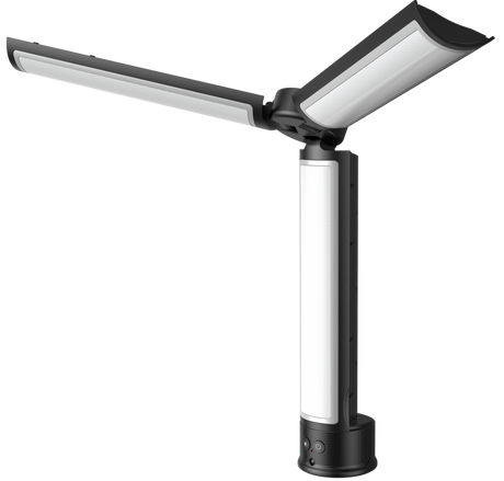 Tubular LED light stand with two horizontal LED panels mounted on top, black