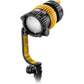 Bi-color LED light source with round head, adjustable knobs, and mounting bracket