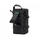 Geantă Lowepro pentru obiectiv, neagră, vedere laterală, cu bretea și prinderi