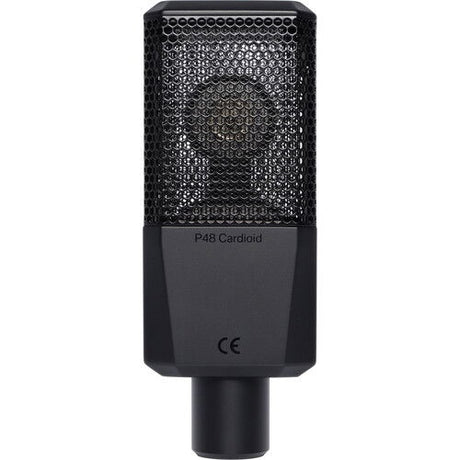 Black condenser microphone rear side labeled P48 Cardioid