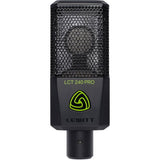 Black condenser microphone with grille front and front label
