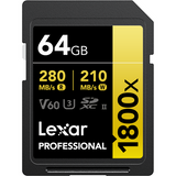 64GB SDXC UHS-II V60 memory card, 1800x label and speed ratings