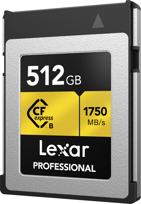 Lexar CFexpress Type B card, 512GB; gold label shows 1750 MB/s